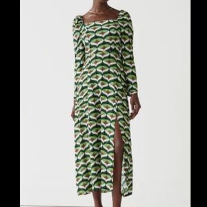 & Other Stories Long Sleeve Midi Dress Green Pattern NEW Sz 4 Square Neck